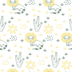 Vector sticker pattern with lizard.Tropical jungle cartoon creatures.Pastel animals background.Cute natural pattern for fabric, childrens clothing,textiles,wrapping paper.