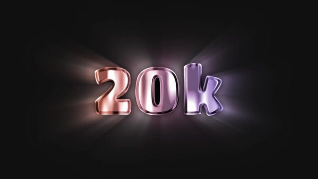 20 thousand subscribers metallic glowing text. 3D animation on a black background. Blogs and social networks.