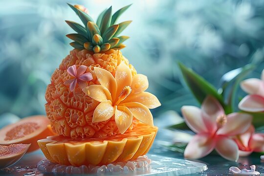 Tropical fruit carving and presentation workshop, teaching artistic ways to serve fruit , 3D illustration