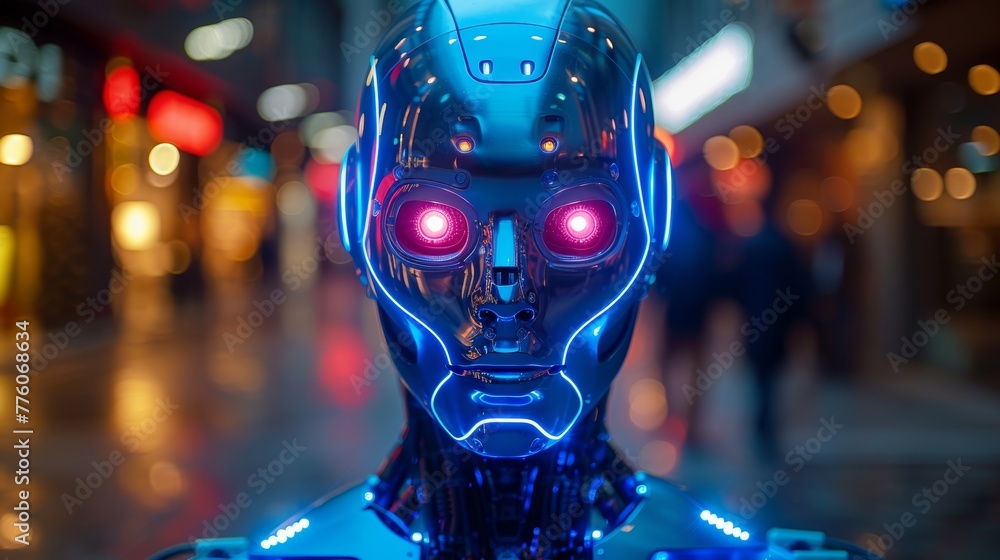 Poster bipedal robotic humanoid robot. powered by artificial intelligence and a glass mask. anthropomorphic