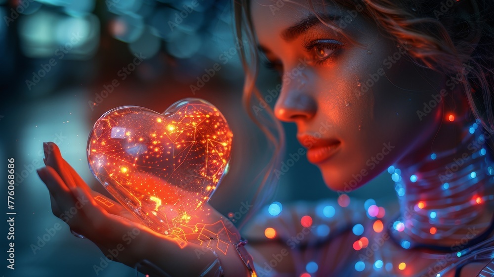 Aufkleber modern image of a beautiful robot woman holding a pixel heart symbol of love. valentine's day banner