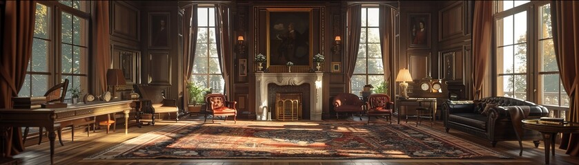 Victorian mansion with detailed interior rooms, period furniture, and gothic elements , hyper realistic photography