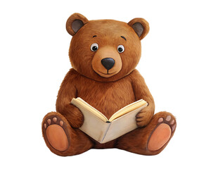 Teddy bear reading a book sitting in a forest