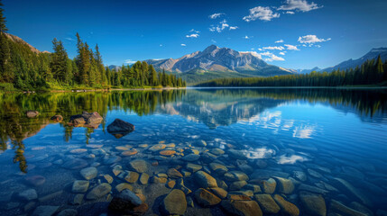 A serene lake in the rocky mountains, with clear blue water and scattered rocks at its bottom, surrounded by tall pine trees under a bright sky. The majestic mountain range is visible in the 