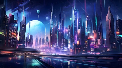 Futuristic night city panorama with skyscrapers and roads