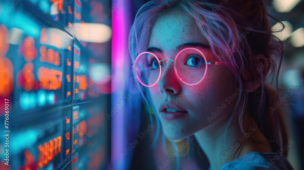 Aufkleber Automated trading AI system. Woman robot trader on forex market. AI bot trader developing trading strategy on stock exchange market.