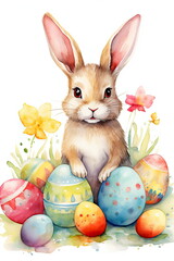 Cute bunny and colored Easter eggs on a white background, watercolor drawing