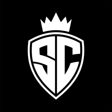 recommend clip art: SC Letter monogram shield and crown outline shape with black and white color design