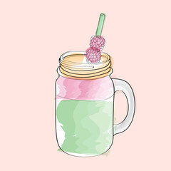 A mason jar filled with a smoothie, topped with a raspberry and a straw sticking out of it. The background is plain and simple - obrazy, fototapety, plakaty