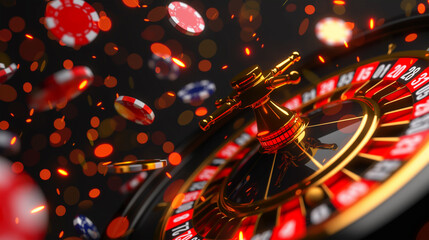 Casino Roulette wheel with Casino chips on the background, Illustration