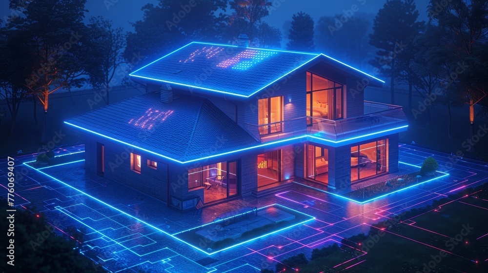 Fototapete Smart home icons over screen phone. Wireless control domestic through Internet of Things app on smart phone. Wireless remote control IOT technology.
