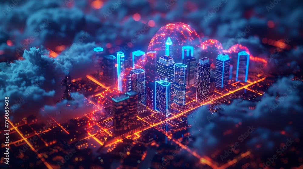 Aufkleber modern future skyscrapers communicating via cloud storage. digital cloud hanging over smart city on 