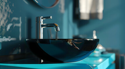 A blue counter with a chrome tap and a black ceramic vessel. Modern bathroom interior design