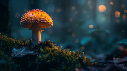 Amanita muscaria mushrooms in the forest, with colorful autumn leaves falling around them and raindrops on their caps. The background is blurred to emphasize these vibrant mushrooms, creatin - obrazy, fototapety, plakaty