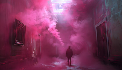 A man in a dark room with violet smoke seeping from the ceiling