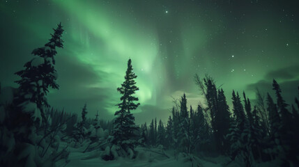 Fototapeta na wymiar A breathtaking view of the Northern Lights over snow-covered mountains, with trees and city lights reflecting in an icy river below. The sky is filled with stars and vibrant green aurora borealis colo