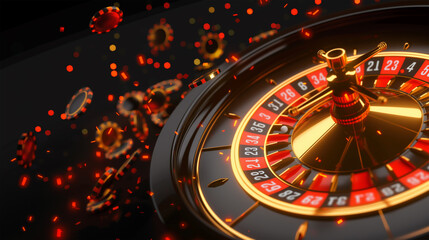 Casino Roulette wheel with Casino chips on the background, Illustration