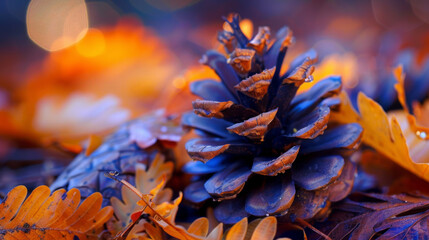 Closeup of an indigo pine cone nestled in autumn leaves, with orange and blue hues, against a blurred background of forest at dusk - obrazy, fototapety, plakaty