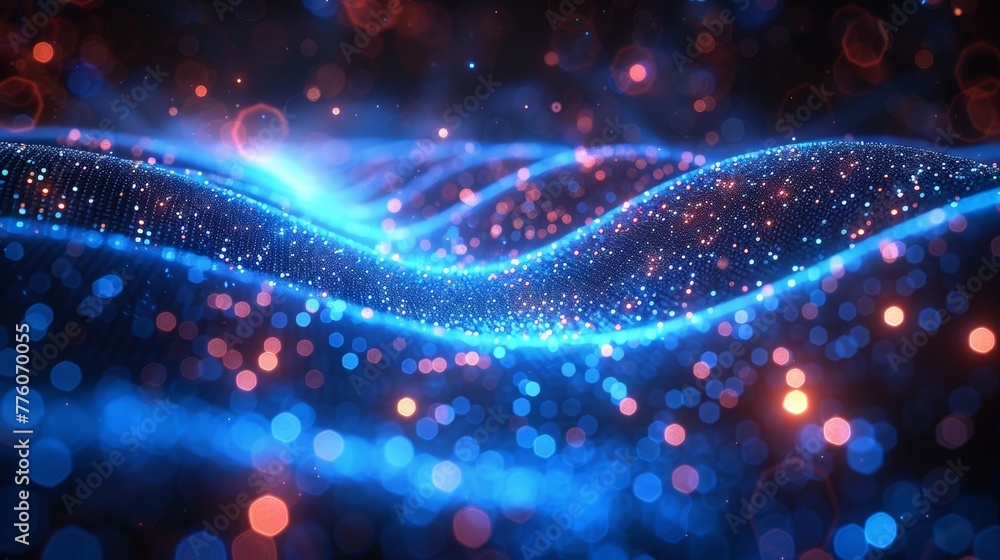 Poster A background or banner with quantum beams of internet data in optical fibres. Traffic of light optic digital signals in cables. Technology of high-speed data transfer via fiber optics.
