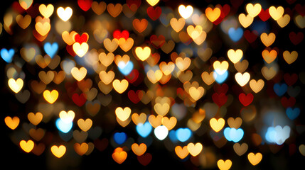Abstract bokeh background with heart-shaped lights in a warm color palette, conveying feelings of love and celebration.
 - obrazy, fototapety, plakaty
