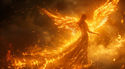 Drawing of ethereal angelic being with energy forming a neon fire golden glow. Illustration of a...