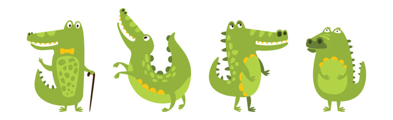 Funny Green Crocodile Character In Different Pose Vector Set