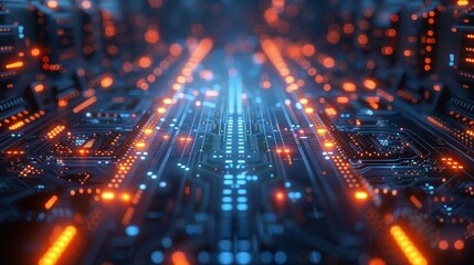 Concept of quantum computer. A beam of digital signal passes through qubits in a core optical processor. Future hardware technology for quantum computing.