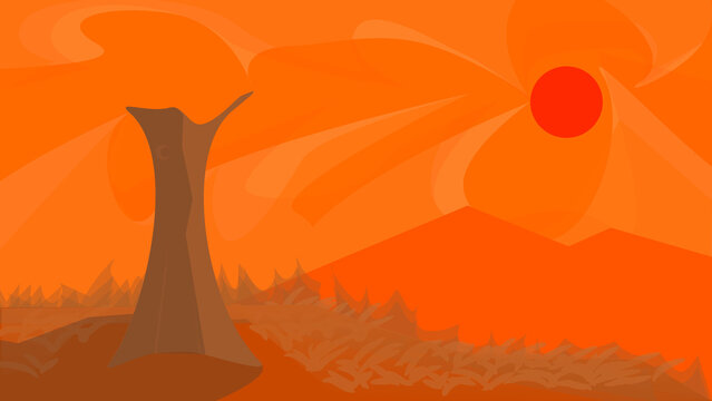 Dead tree in sunset on the hill background for desktop wallpaper and banner