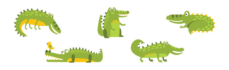 Funny Green Crocodile Character In Different Pose Vector Set