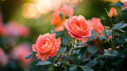 Beautiful pink roses with morning dew, sun rays shining through the petals, creating an ethereal and romantic atmosphere. 