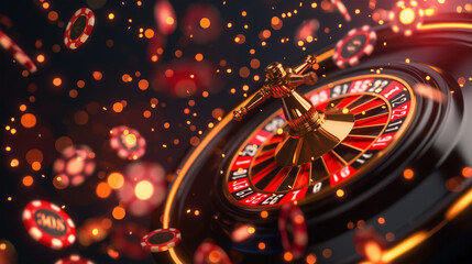 Casino Roulette wheel with Casino chips on the background, Illustration