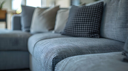 A close-up of a grey sofa. Modern living room interior design in a Scandinavian home