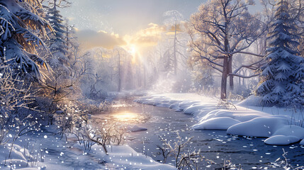 A serene winter landscape with trees covered in snow, a frozen river flowing through the scene, and sunlight filtering through the misty air. The sky is a clear blue with fluffy white clouds adding to - Powered by Adobe