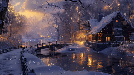 A snowy winter scene with twinkling lights, a small bridge over the river and an old wooden house by it. The water reflects the warm light of lanterns hanging from trees. Snowflakes dance in the air a