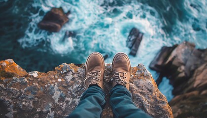 Overcoming Fear. Macro Shot of Feet on Cliff Edge Above Vast Sea - obrazy, fototapety, plakaty