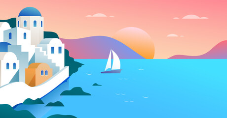 Summer and Travel concept design. Greece island landscape, panoramic view. Beautiful nature with beach and sun light, abstract background with copy space. Vector illustration