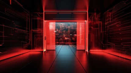  Door to a modern office with red glow and a red network