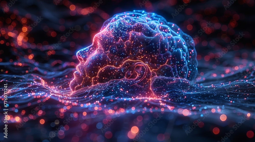 Leinwandbilder AI or artificial intelligence analyzing social network data. Implementation of digital analytics of big data in the internet. Implementation of cloud computing, machine learning to process data.