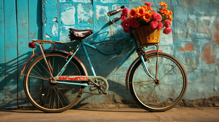 Colorful flowers fill a basket on a classic bicycle leaning against a rustic blue wall, evoking a sense of nostalgia.
