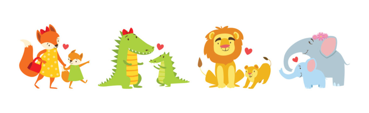 Baby Animal and Their Mom Love Each Other Vector Set