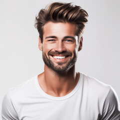 Fototapeta premium portrait of a handsome smiling man wearing a white t-shirt with an isolated white background. 