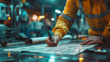 A worker in high visibility jacket is marking a blueprint at a manufacturing site with machinery.