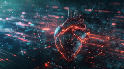 Art and technology in a digital realm, where light and dark coexist in perfect balance. As you delve into the abstract, a heart made of code and circuitry emerges, pulsing with a mesmerizing display o