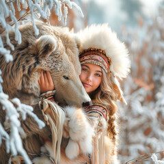 young beautiful girl with long golden hair dressed as a red indian hugging an ice bear