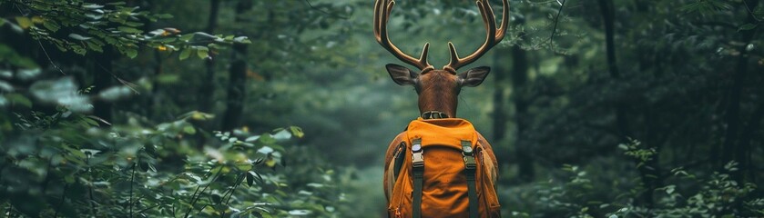 Deer Park Ranger, a deer in ranger gear, guiding visitors through a forest , vibrant color - obrazy, fototapety, plakaty