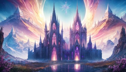 An ethereal digital art piece featuring a majestic crystal castle bathed in the twilight glow, with shooting stars above and a reflective lake below - obrazy, fototapety, plakaty