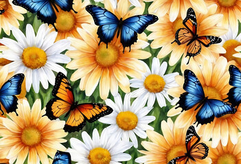 colorful blue tropical morpho butterfly on delicate daisy flowers painted with oil paint