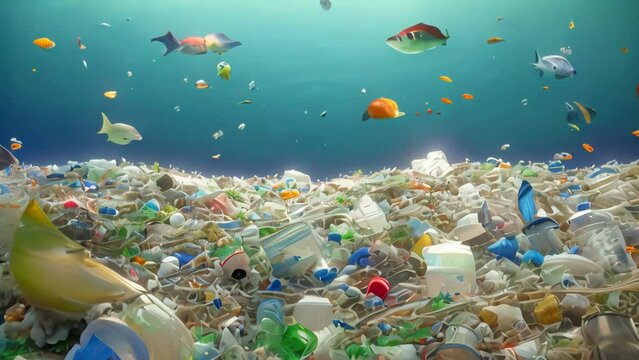 Environmental disaster concept. Plastic Island or Great Pacific Garbage Patch or Pacific Trash Vortex, consisting mainly of plastic, light metals and organic residues. AI-generated