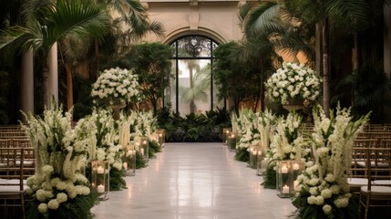 Fototapeta na wymiar Elegant wedding ceremony amidst lush greenery and floral decor