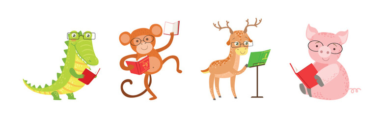 Funny Animal Character Read Book and Interesting Literature Vector Set